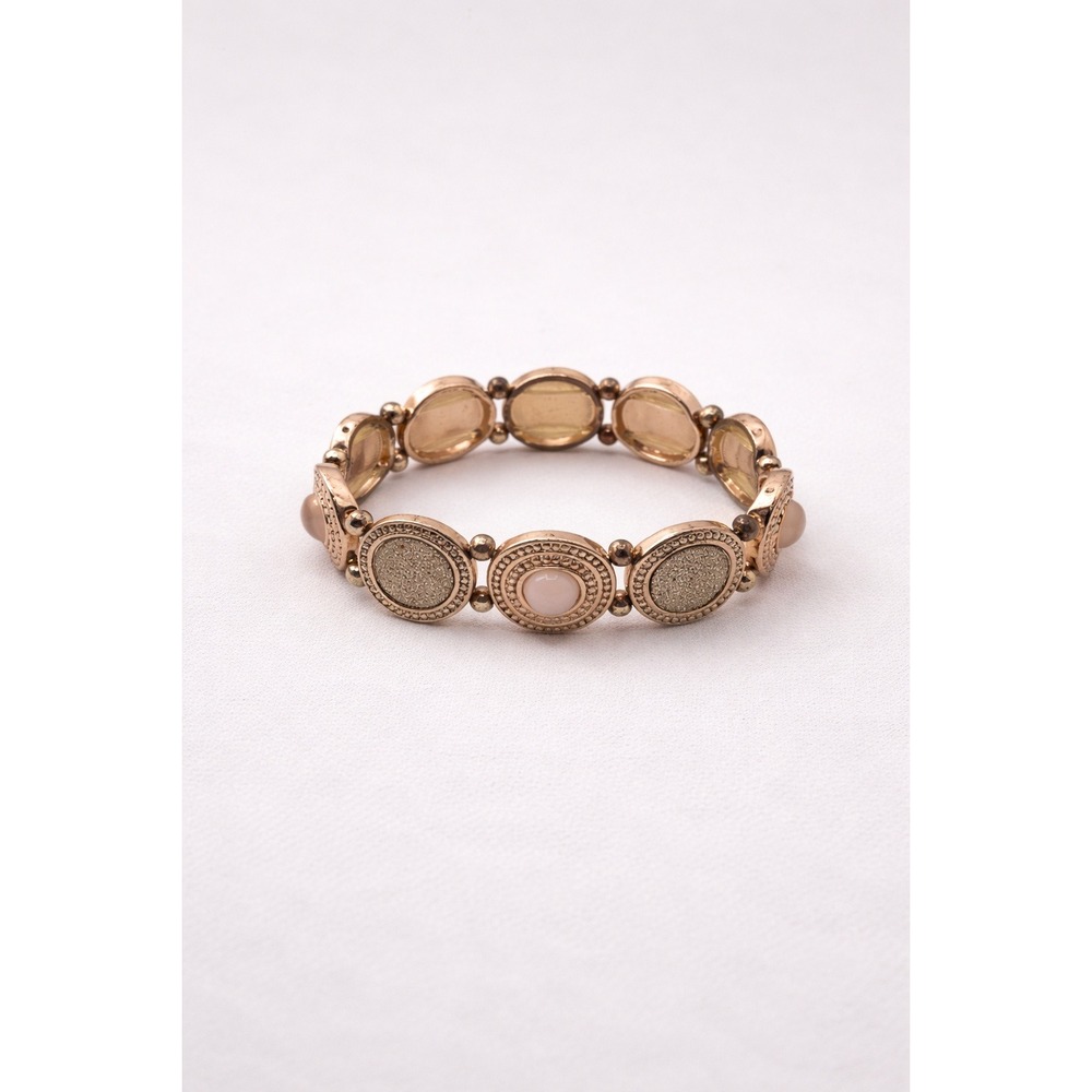 Rose Gold Tone Stretch Bracelet with Beaded Medallions‎ – Fashion Jewelry